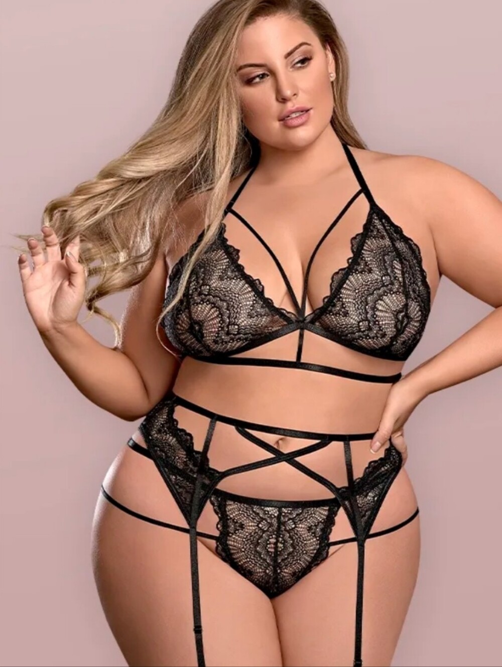 NIP Pure Lace Triangle Bra, Garter & Panty Set
